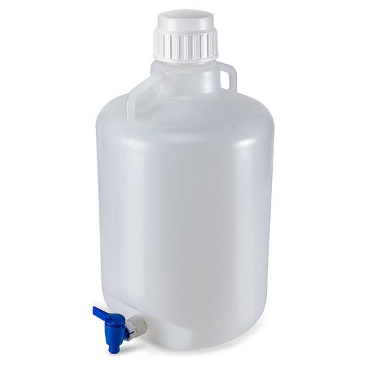 Globe Scientific 7220020 Carboy Round with Spigot and Handles PP White PP Screwcap 20 Liter Molded Graduations Autoclavable