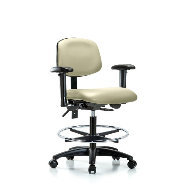 Blue Ridge Ergonomics VMBCH-RG-T1-A1-CF-RC-8501 Rutledge Vinyl Chair - Medium Bench Height with Seat Tilt, Adjustable Arms, Chrome Foot Ring, & Casters in Adobe White Trailblazer™ Vinyl