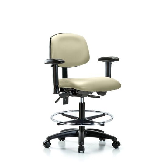 Blue Ridge Ergonomics VMBCH-RG-T1-A1-CF-RC-8501 Rutledge Vinyl Chair - Medium Bench Height with Seat Tilt, Adjustable Arms, Chrome Foot Ring, & Casters in Adobe White Trailblazer™ Vinyl