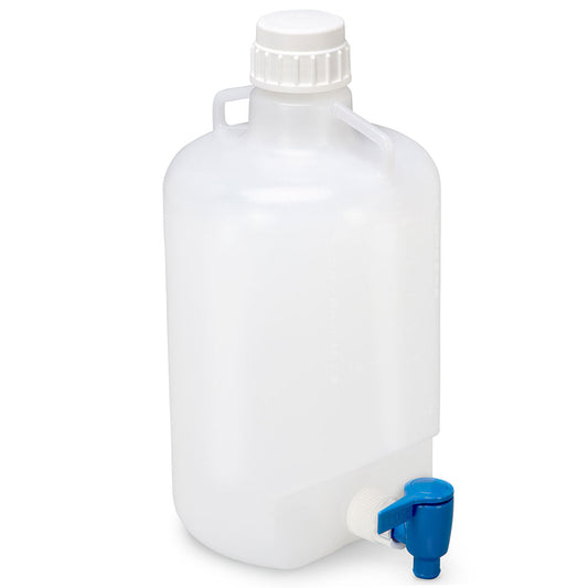 Globe Scientific 7270005 Carboy Round with Spigot and Handles LDPE White PP Screwcap 5 Liter Molded Graduations