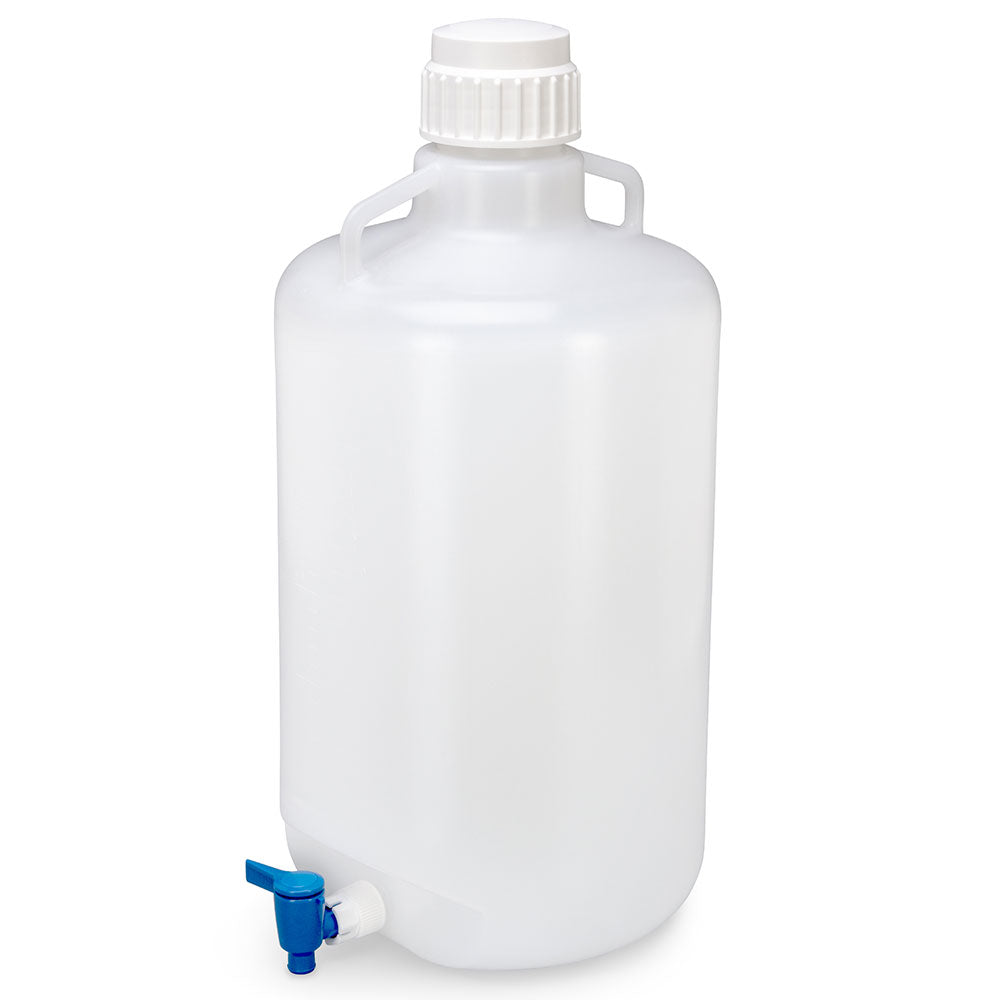 Globe Scientific 7270025 Carboy Round with Spigot and Handles LDPE White PP Screwcap 25 Liter Molded Graduations