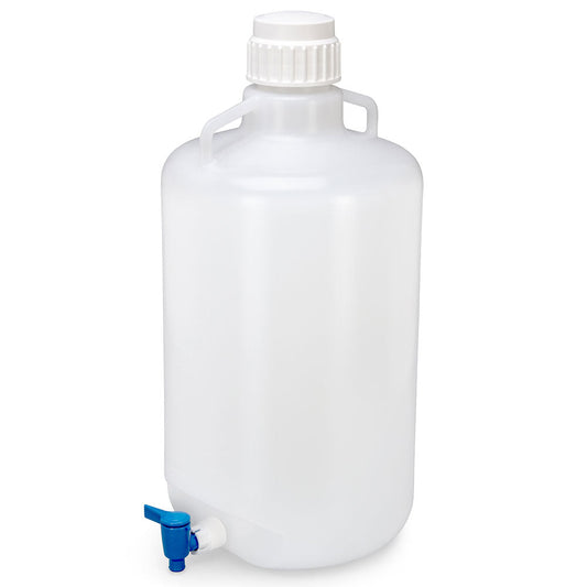 Globe Scientific 7270025 Carboy Round with Spigot and Handles LDPE White PP Screwcap 25 Liter Molded Graduations