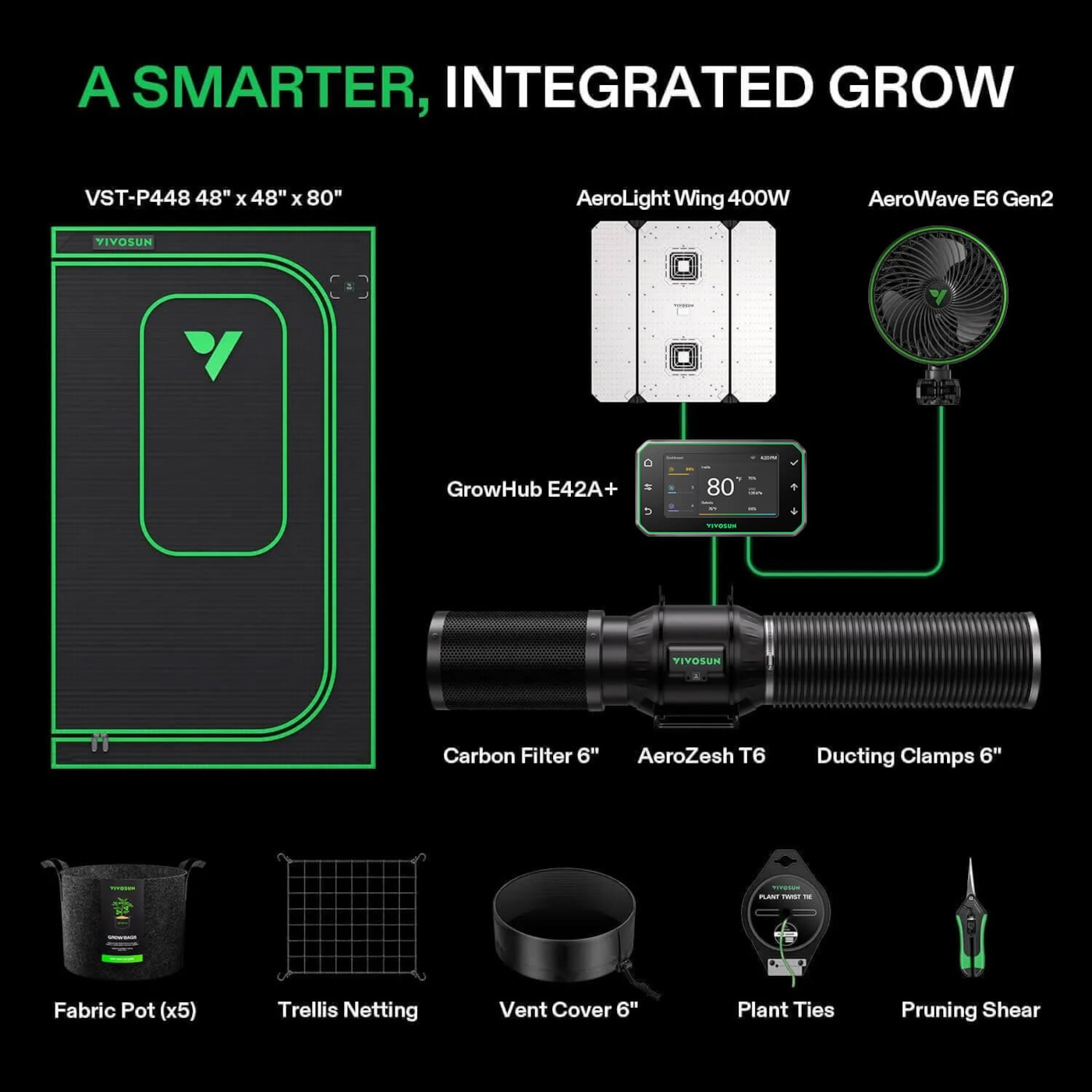 Vivosun Smart Grow Tent Kit GIY-SGS-44 Pro 4x4, 4-Plant Complete System, with WiFi E42A+ Controller, 400W AeroLight Wing LED Grow Light, 6-inch AeroZesh T6 Ventilation Combo, and AeroWave E6 Gen2 Clip-on Fan