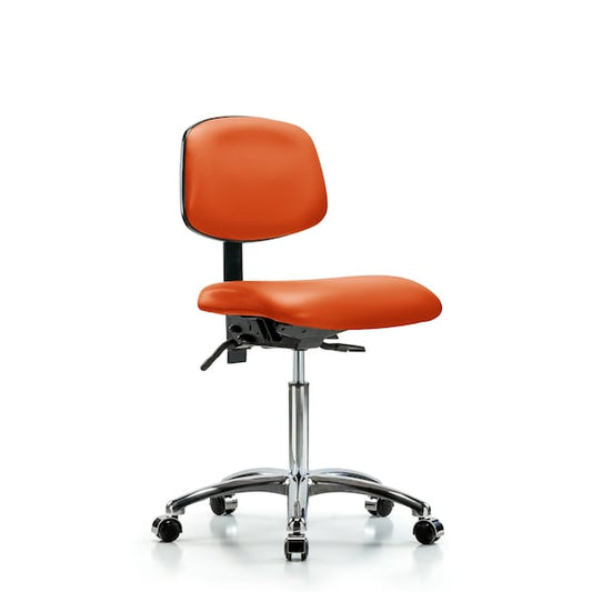 Blue Ridge Ergonomics VMBCH-CR-T0-A0-NF-CC-8613 Rutledge Vinyl Chair Chrome - Medium Bench Height with Casters in Orange Kist Trailblazer™ Vinyl