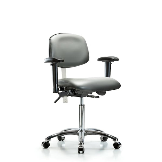 Blue Ridge Ergonomics NCR-VMBCH-CR-T1-A1-NF-CC-8840 Class 100 Vinyl Clean Room Chair - Medium Bench Height with Seat Tilt, Adjustable Arms, & Casters in Sterling Supernova™ Vinyl