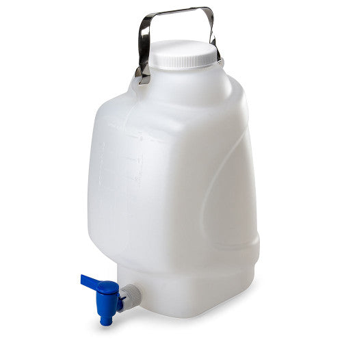 Globe Scientific 7310010 Carboy Rectangular with Spigot and Handle HDPE White PP Screwcap 10 Liter Molded Graduations