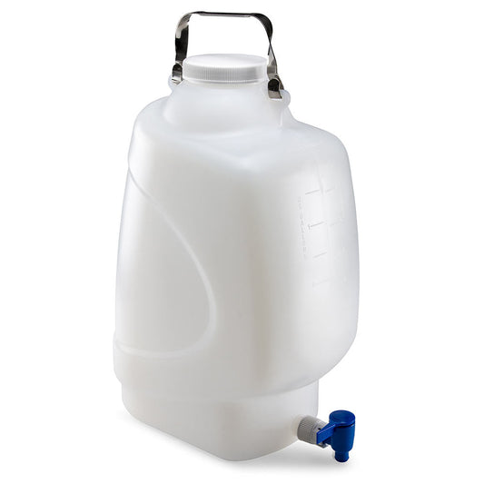 Globe Scientific 7300020 Carboy Rectangular with Spigot and Handle PP White PP Screwcap 20 Liter Molded Graduations Autoclavable