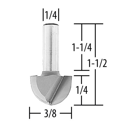 Makita 733008-4A 3/8" Core Box, 2 Flute, C.T. Router Bit, 1/4" Shank, 1/4" Cut