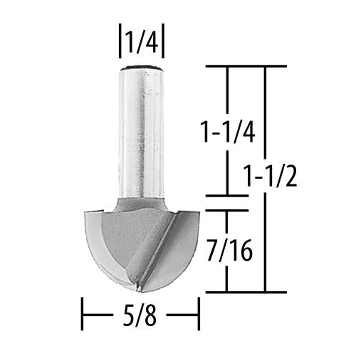 Makita 733008-8A 5/8" Core Box, 2 Flute, C.T. Router Bit, 1/4" Shank, 7/16" Cut