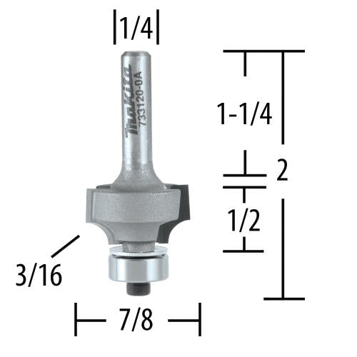 Makita 733120-0A 3/16" Corner Round, 2 Flute, C.T. Router Bit, 1/4" Shank