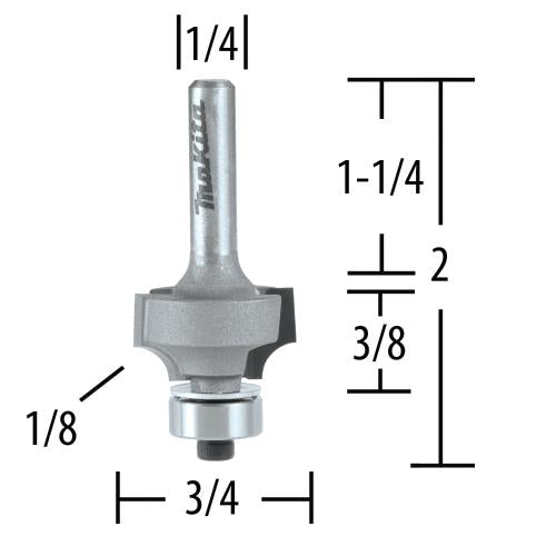 Makita 733120-1A 1/8" Corner Round, 2 Flute, C.T. Router Bit, 1/4" Shank