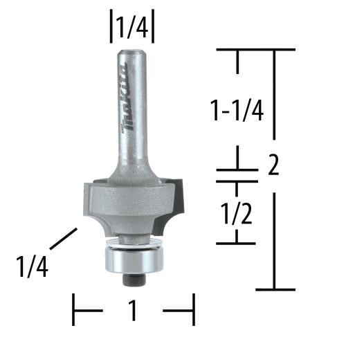 Makita 733120-2A Router Bit 1/4" Corner Round, 2 Flute, 1/4" SH, C.T.