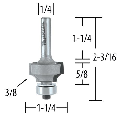 Makita 733120-6A Router Bit 3/8" Corner Round, 2 Flute, 1/4" SH, C.T.