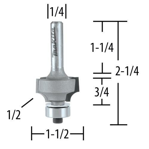 Makita 733120-8A Router Bit 1/2" Corner Round, 2 Flute, 1/4" SH, C.T.