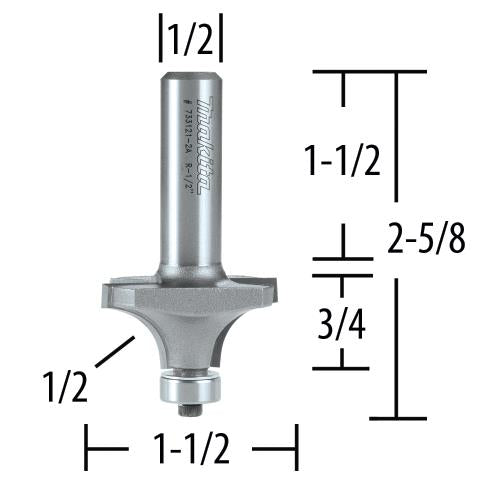 Makita 733121-2A 1/2" Corner Round, 2 Flute, C.T. Router Bit, 1/2" Shank