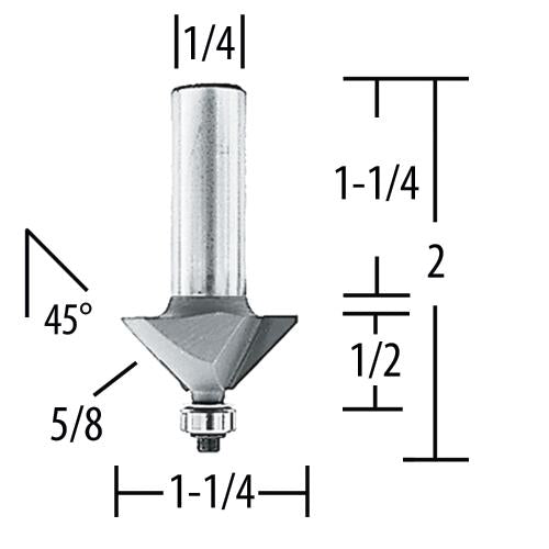 Makita 733124-4A Router Bit 45º Chamfer, 5/8" Length, 2 Flute, 1/4" SH, C.T.