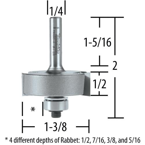 Makita 733283-A Router Bit Adj 5/16"‘1/2" Rabbet, 2 Flute, 1/4" SH, C.T.