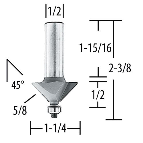 Makita 733285-A Router Bit 45 Chamfer 5/8" Length., 2 Flute, 1/2" SH, C.T.