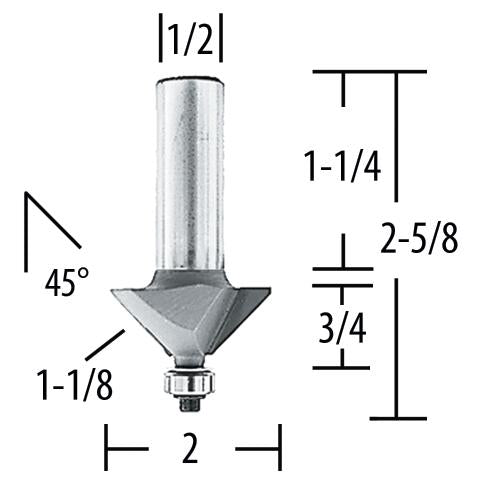 Makita 733286-A Router Bit 45 Chamfer 1‘1/8" Length., 2 Flute, 1/2" SH, C.T.