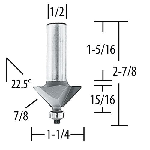 Makita 733288-A Router Bit 22.5 Degree Chamfer 7/8" Length, 2 Flute, 1/2" SH, C.T.