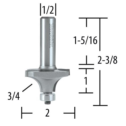 Makita 733293-A 3/4" Corner Round, 2 Flute, C.T. Router Bit, 1/2" Shank