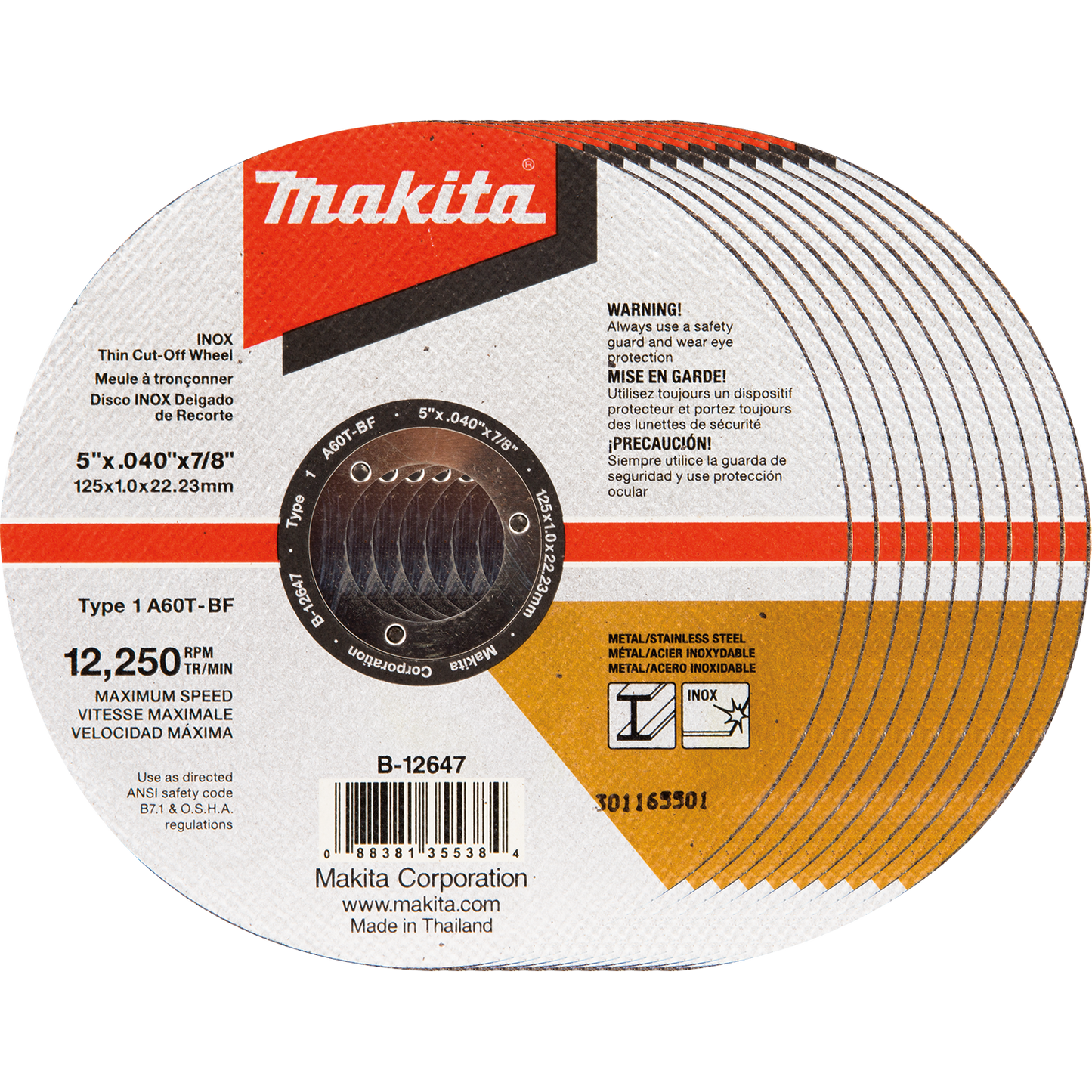 Makita B-12647-10 5" x .040" x 7/8" INOX Thin Cut‘Off Wheel, 10/pk