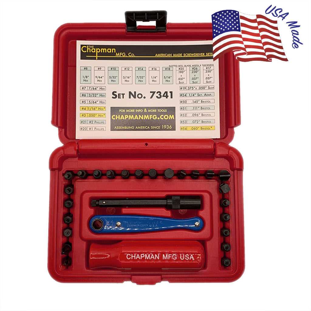 Chapman Mfg 7341 Standard + Bristol / 6 Spline Screwdriver Set-Red White & Blue