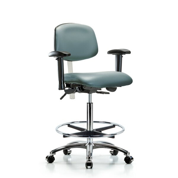 Blue Ridge Ergonomics NCR-VHBCH-CR-T0-A1-CF-CC-8822 Class 100 Vinyl Clean Room Chair - High Bench Height with Adjustable Arms, Chrome Foot Ring, & Casters in Storm Supernova™ Vinyl