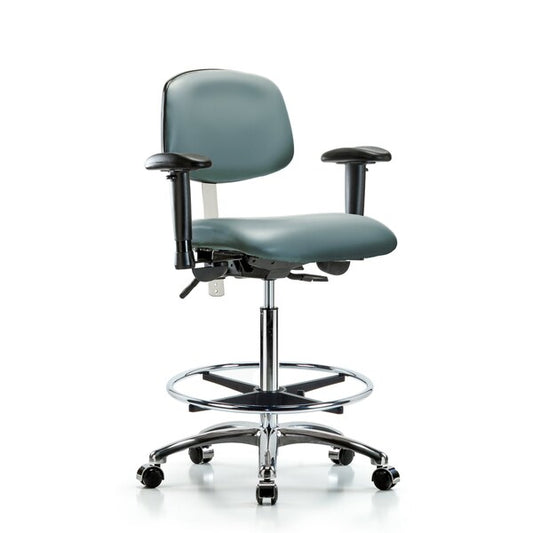 Blue Ridge Ergonomics NCR-VHBCH-CR-T0-A1-CF-CC-8822 Class 100 Vinyl Clean Room Chair - High Bench Height with Adjustable Arms, Chrome Foot Ring, & Casters in Storm Supernova™ Vinyl