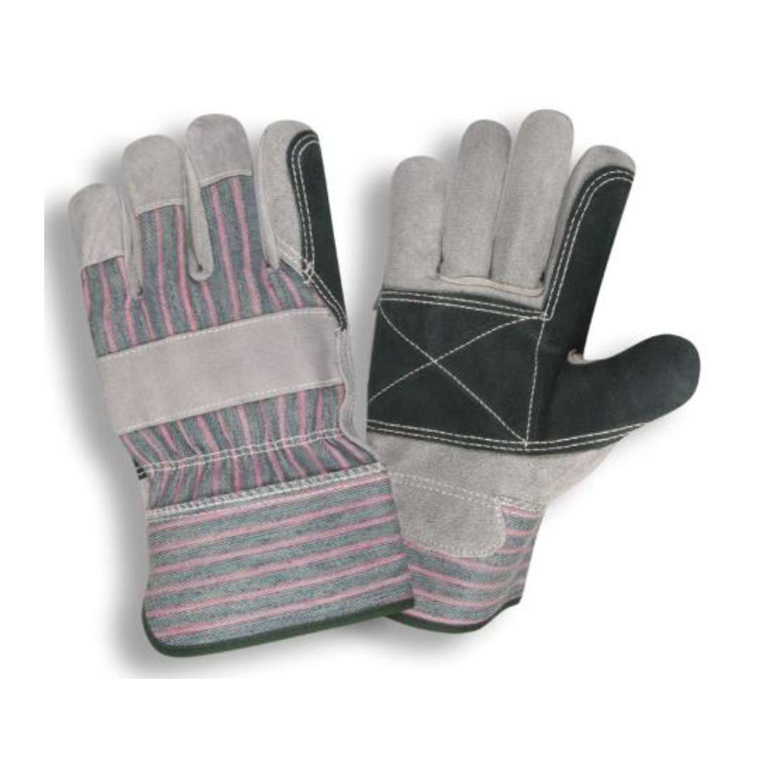 Cordova Safety 7351R Leather Palm Gloves, Select Shoulder Cowhide, Double Leather Palm Construction, 2.5-inch Rubberized Safety Cuff, Green/Pink Striped Fabric