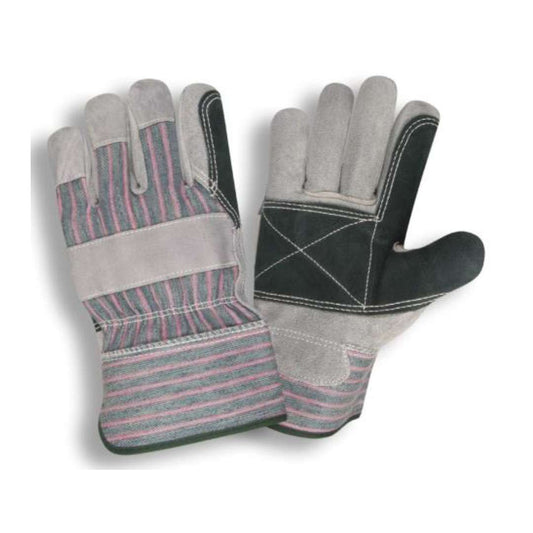 Cordova Safety 7351R Leather Palm Gloves, Select Shoulder Cowhide, Double Leather Palm Construction, 2.5-inch Rubberized Safety Cuff, Green/Pink Striped Fabric