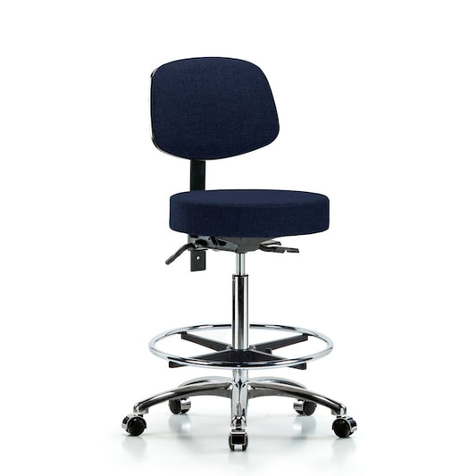 Blue Ridge Ergonomics FHBST-CR-T0-CF-CC-F45 Rutledge Fabric Stool with Back Chrome - High Bench Height with Chrome Foot Ring & Casters in Navy Fabric