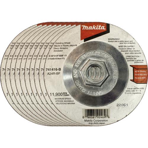 Makita 741416-B-10 4‘1/2" x 1/4" x 5/8"‘11 Hubbed Grinding Wheel, 24 Grit, 10/pk