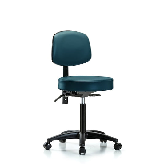 Blue Ridge Ergonomics VMBST-RT-T1-RC-8801 Rutledge Vinyl Stool with Back - Medium Bench Height with Round Tube Base, Seat Tilt, & Casters in Marine Blue Supernova™ Vinyl
