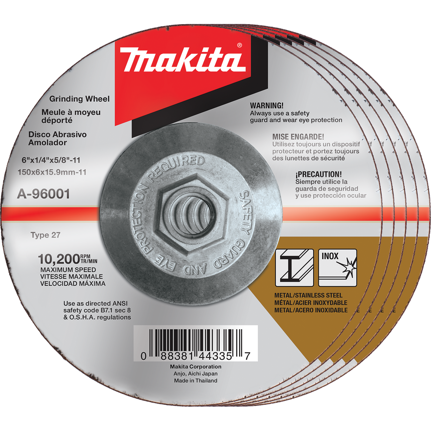 Makita A-96001-5 6" x 1/4" x 5/8‘11" Hubbed INOX Grinding Wheel, 36 Grit, 5/pk