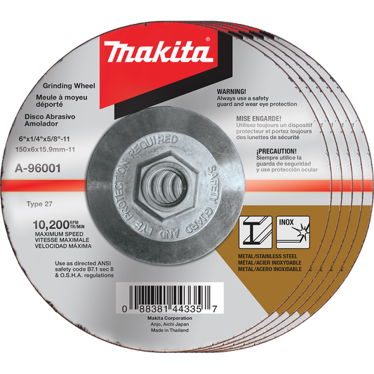 Makita A-96001-5 6" x 1/4" x 5/8‘11" Hubbed INOX Grinding Wheel, 36 Grit, 5/pk