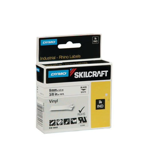 AbilityOne 7530016874770 Dymo/Skilcraft Industrial Rhino Vinyl Label Tape Cassette - 3/8" X 18' - Black On White