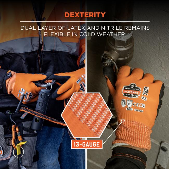 Ergodyne 17995 ProFlex 7551 Coated Cut-Resistant Winter Work Gloves - ANSI A5, EN 388: 4X43E, Waterproof