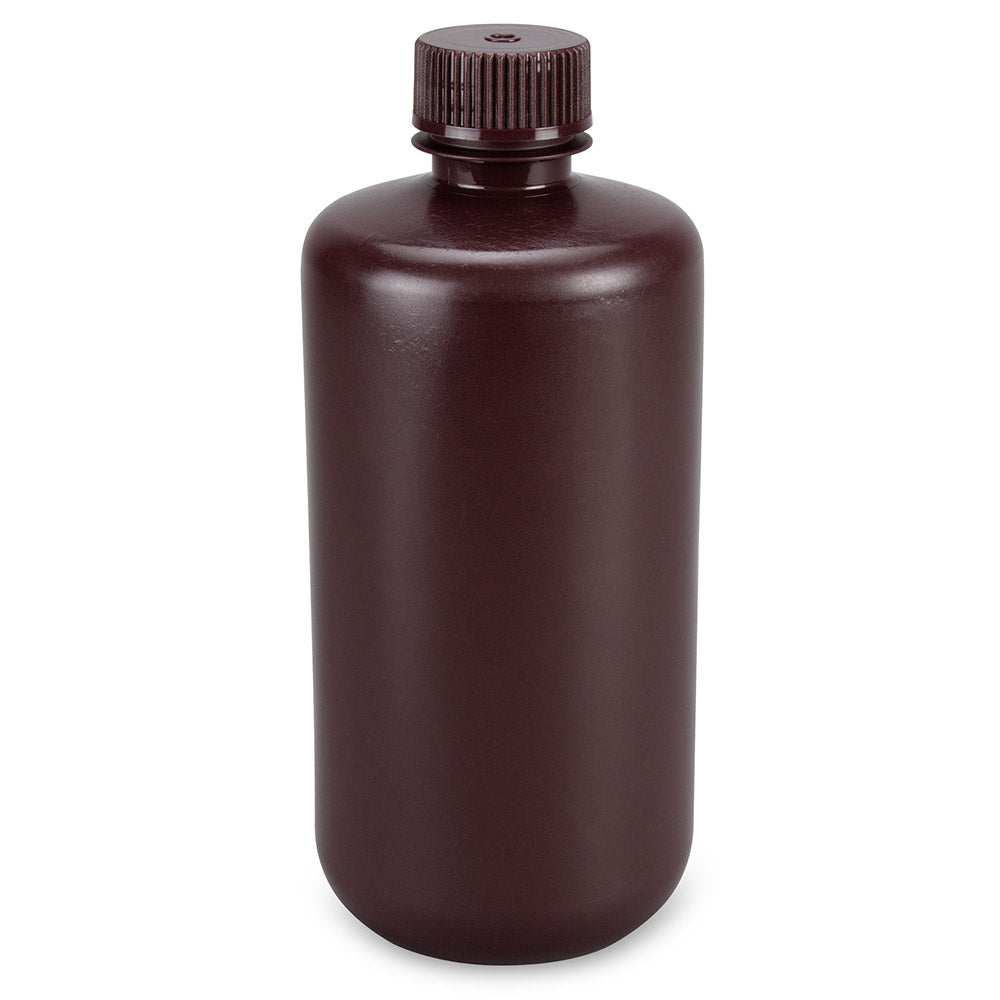 Globe Scientific 7560500AMBKS Bottle Narrow Mouth Boston Round Amber HDPE with Amber PP Closure 500mL Bulk Packed with Bottles and Caps Bagged Separately 125/Case