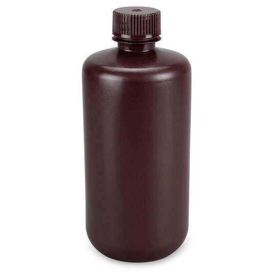Globe Scientific 7560500AMBKS Bottle Narrow Mouth Boston Round Amber HDPE with Amber PP Closure 500mL Bulk Packed with Bottles and Caps Bagged Separately 125/Case