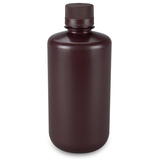Globe Scientific 7561000AMBKS Bottle Narrow Mouth Boston Round Amber HDPE with Amber PP Closure 1000mL Bulk Packed with Bottles and Caps Bagged Separately 50/Case