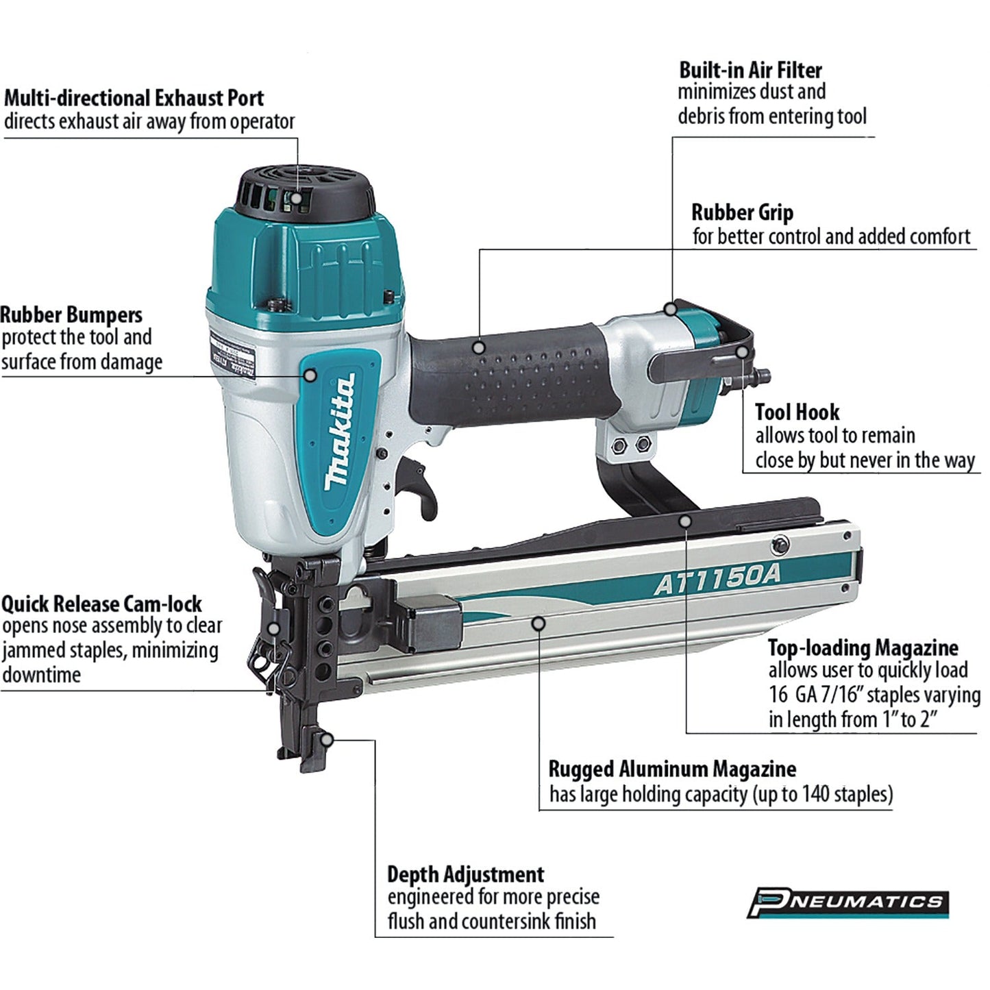 Makita AT1150A 7/16" Medium Crown Stapler, 16 Ga.