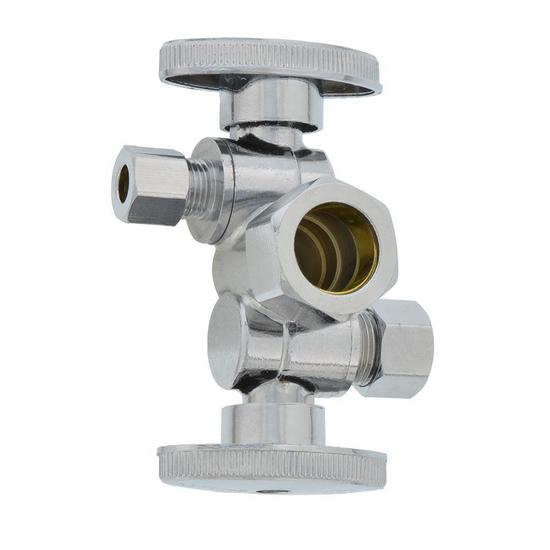 Jones Stephens S10404 5/8" OD Comp x 3/8" OD Comp x 1/4" OD Comp Quarter-Turn Dual Outlet and Handle Supply Stop Valve, Chrome Plated