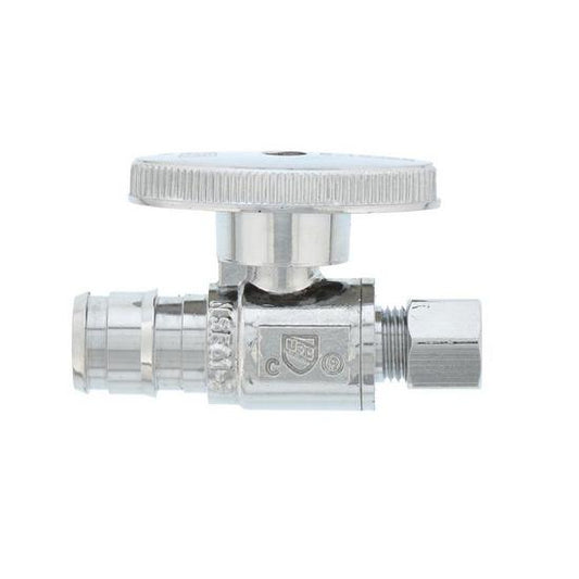 Jones Stephens S10407 1/2" PEX F1960 x 1/4" OD Comp Quarter-Turn Straight Supply Stop Valve, Chrome Plated