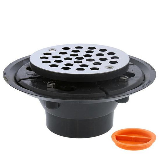 Jones Stephens D50001TP 2" x 3" PVC Shower Drain with 2" PVC Spud and 4" Round Stainless Steel Strainer with Test Plug