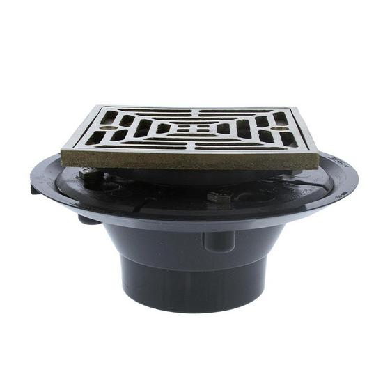 Jones Stephens D50141 2" x 3" PVC Shower Drain with 2" PVC Spud and 4" Square Nickel Bronze Strainer and Collar