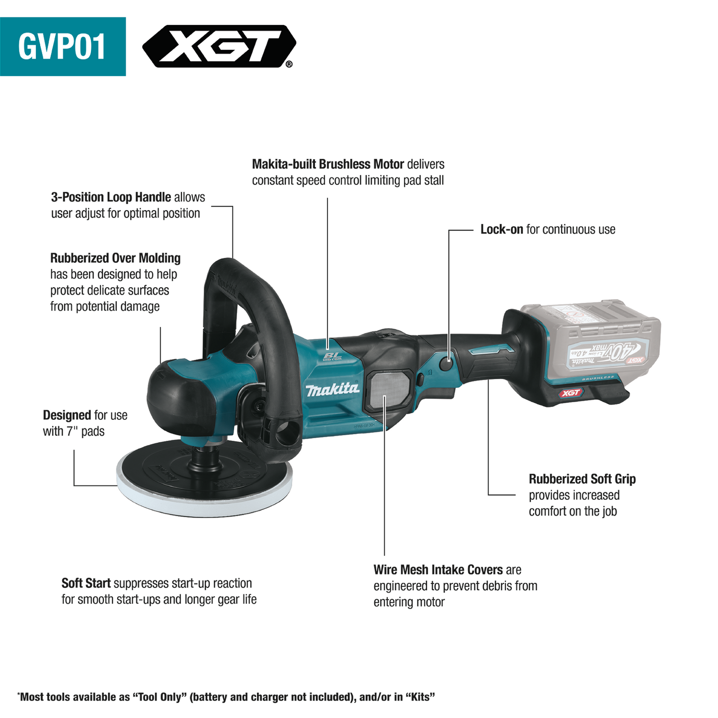 Makita GVP01Z 40V max XGT® Brushless Cordless 7" Polisher, Tool Only