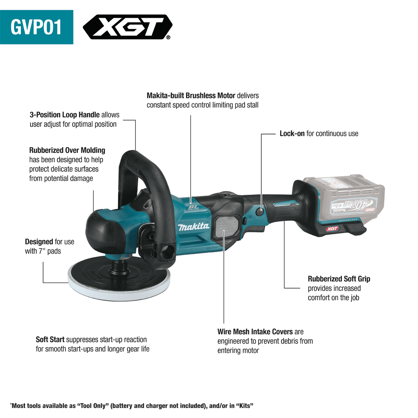 Makita GVP01M1 40V max XGT® Brushless Cordless 7" Polisher Kit, (4.0Ah)