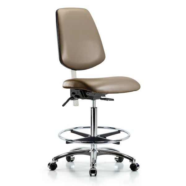 Blue Ridge Ergonomics NCR-VHBCH-MB-CR-T0-A0-CF-CC-8809 Class 100 Vinyl Clean Room Chair - High Bench Height with Medium Back, Chrome Foot Ring, & Casters in Taupe Supernova™ Vinyl