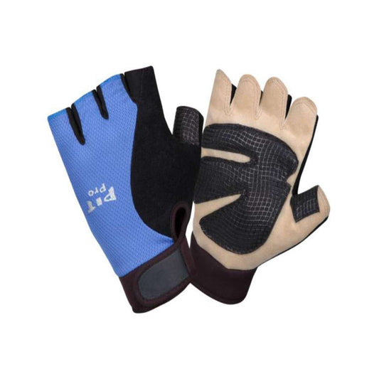Cordova Safety 77772 Pit Pro™ Gloves: Tan Synthetic Leather Palm Black Sure-Grip Reinforced Palm, Gel Foam Palm Padding, Half-Finger Construction, Blue & Black Spandex Back, Velcro Wrist Closure